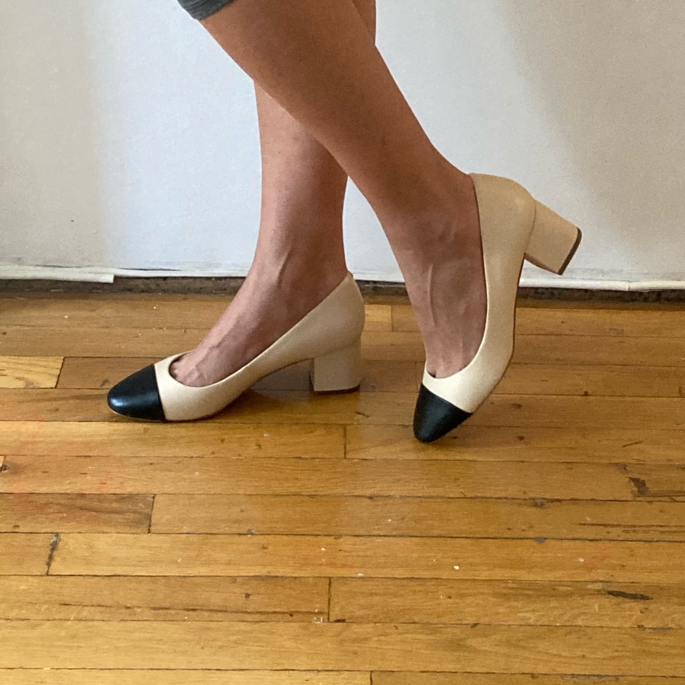 J.Crew Bryn Leather Cap-Toe Block Heels Beige